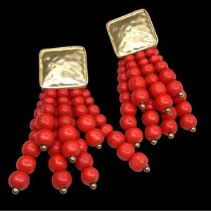 Boho Bamboo Beaded Tassel Earrings Gold Tone Red Orange